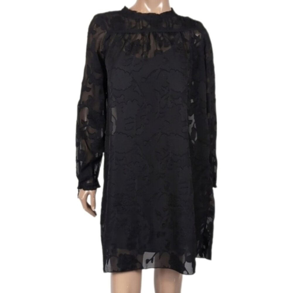 A.B.S Allen Schwartz Lace Shift Dress Long Sleeve Sheer Pleated Floral Cocktail